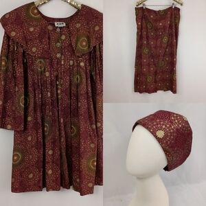 Vintage 80s FAD Women's Spiral Tribal Art to Wear Skirt Set with Hat African